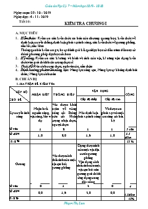 Giáo án Vật lý Lớp 7 - Tiết 10 Kiểm tra Chương I - Năm học 2019-2020